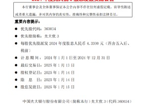 光大银行：将发放2024年度光大优3股息15.1551亿元